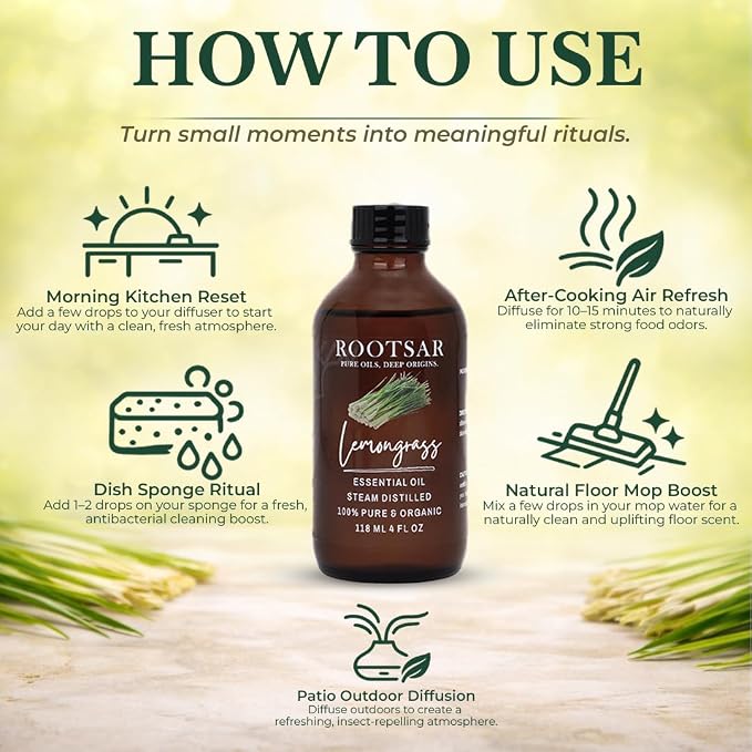 Lemongrass Essential Oil – 100% Pure Organic Lemongrass Oil, Steam Distilled, 4 FL OZ / 118 ML – Premium Essential Oil for Diffuser, Aromatherapy, Massage, Skin Care, Candle & Soap Making