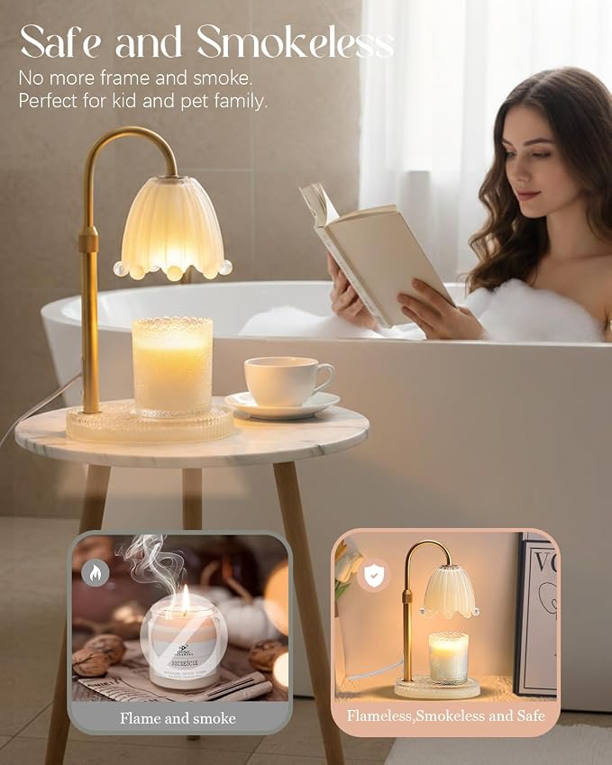 Flower Candle Warmer Lamp Glass Base with Timer & Dimmer, Mothers Day Birthday Gifts for Mom Women, Adjustable Floral Candles Warmer, Girly Wax Warmer New Home Office Decor (Yellow-Flower)