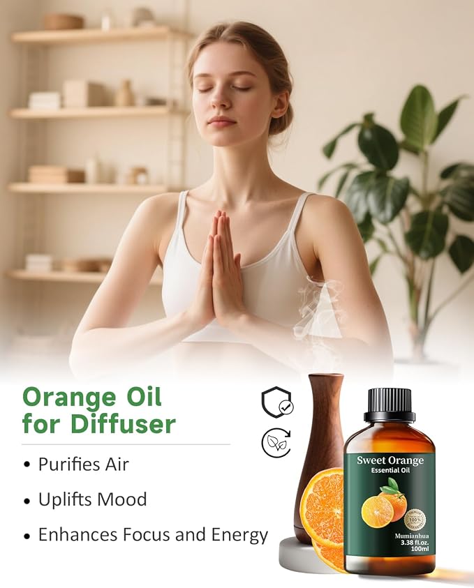 Orange Essential Oil, Pure Sweet Orange Oil Mumianhua Cold‑Pressed for Uplifting Atmosphere & Natural Cleaning, Skin‑Safe for DIY Perfume, Soap, Candle Making – 3.38 Fl Oz