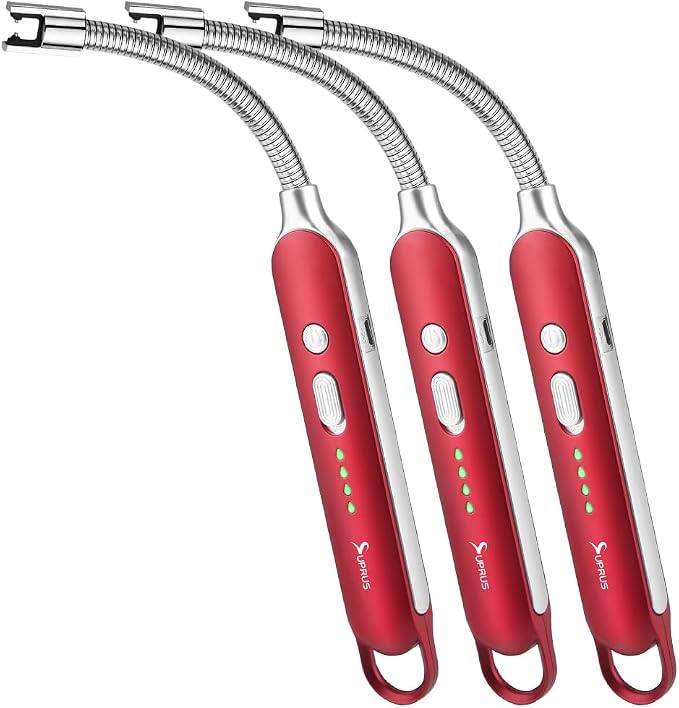 SUPRUS Electric Rechargeable Arc Lighter with LED Battery Display Long Flexible Neck USB Lighter for Candle Cooking (Red, 3Packs)