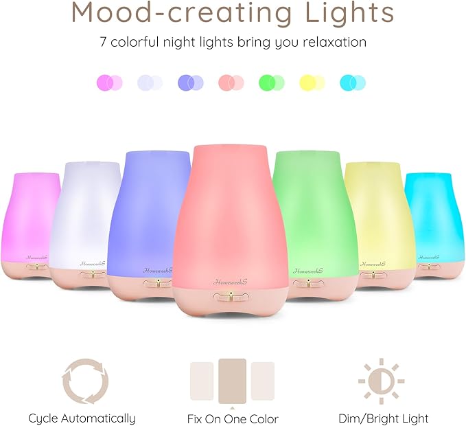 Homeweeks Diffusers, 100ml Colorful Essential Oil Diffuser with Adjustable Mist Mode,Auto Off Aroma for Bedroom/Office/Trip (100 ML 1 Pack)