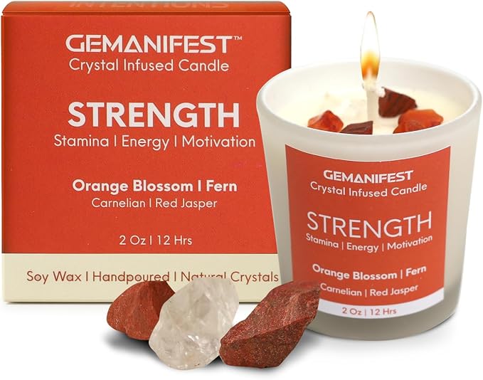 Strength and Stability Manifestation Crystal Candle, Orange Blossom Scented Soy Candle for Workout Enthusiasts, Valentine's Gift for Her/Him, Wellness, Inspirational and Motivational