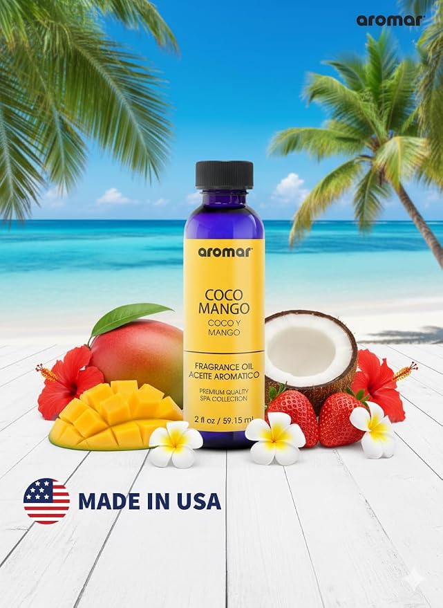 AROMAR Premium Fragrance Oil, Pack of 3 Coco Mango 2oz. Bottles. Long Lasting Aromatic Scent, Fresh and Revitalizing Aromatherapy for Living Room, Bedroom, and Kitchen