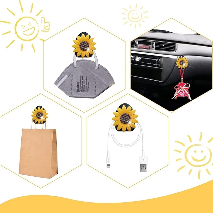 Crystal Moon Air Vent Clips,4 Pcs Quartz Moon Style Car Air Fresheners Vent Clips Car Diffuser Vent Clip Cute Cars Decoration Car Interior Decor Accessories for Women Men + Cute Sunflower Mask Hook