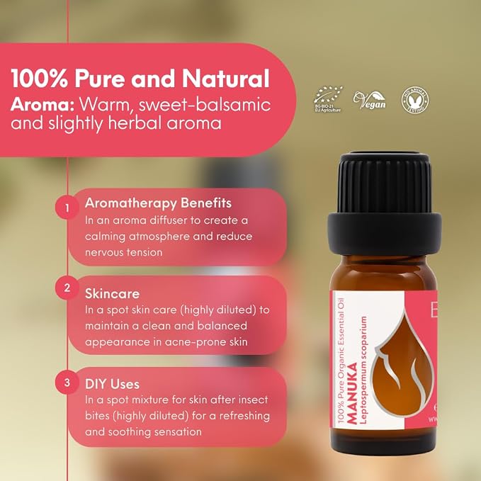 Essences Bulgaria Organic Manuka Essential Oil 0.34 Fl Oz | 10ml | Leptospermum scoparium | 100% Pure and Natural | Undiluted | Therapeutic Grade | Aromatherapy | Cosmetics | Cruelty Free | Non-GMO