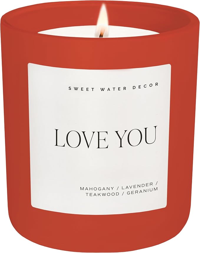Sweet Water Decor Love You Scented Candles - Soy Candles with Fresh Lavender, Geranium, Warm Mahogany and Earthy Teakwood - Candle Wax with 70 Hours Burn Time - 15Oz Red Matte Jar Wax Candle