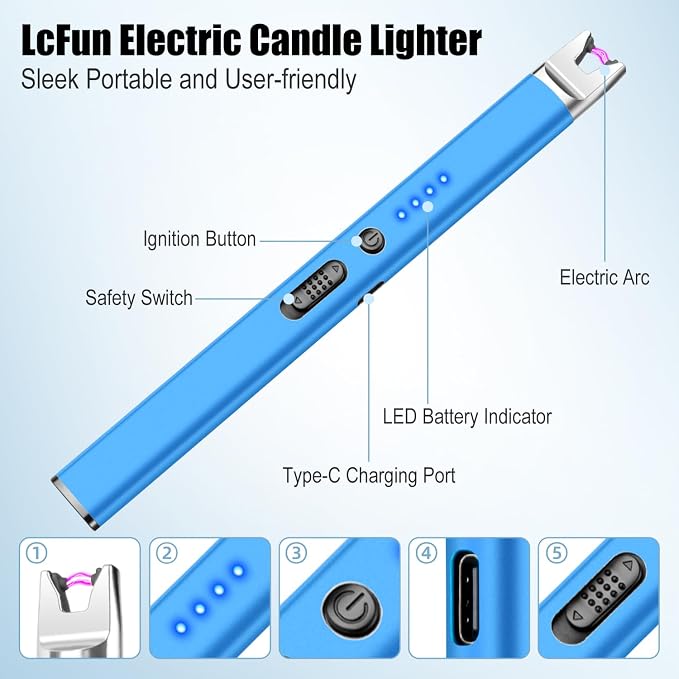 LcFun 2 Pack Blue Candle Lighter Electric USB Rechargeable Plasma Arc Lighter with Safety Lock, Windproof Flameless Long Lighters for Candle, Grill, BBQ, Camping, Gas Stoves
