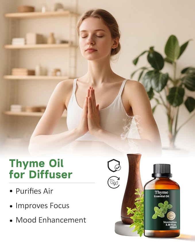Thyme Essential Oil, Pure Mumianhua Natural Outdoor Shield & Barrier Spray, Herbaceous Aroma for Patio, Garden, Camping, Air Purifying Diffuser, Skin & Hair – 3.38 Fl Oz