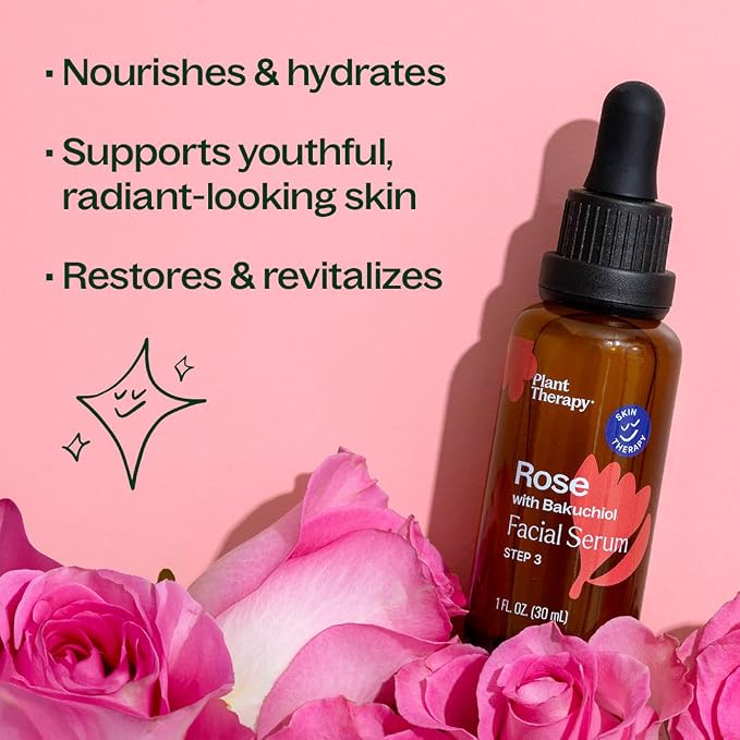 Plant Therapy Rose with Bakuchiol Facial Serum 1 oz with Rose Extract, Rosehip Seed Oil, and Carrot Seed Oil, Reduces the Appearance of Fine Lines & Wrinkles