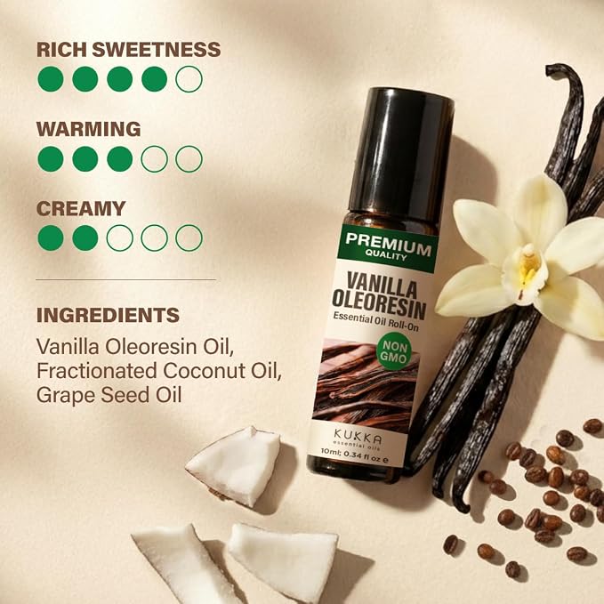 Kukka Vanilla Essential Oil Roll On – 0.34 Fl Oz - Vanilla Perfume Oil Cologne, Body Oil Fragrance for Travel, Elevates Mood with Tranquility and Relaxation – Alcohol-Free, Non-GMO and Cruelty-Free