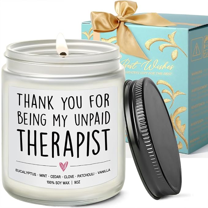 Thank You for Being My Unpaid Therapist Candle Gifts for Best Friend, Eucalyptus, Mint, Cedar, Clove, Patchouli, Vanilla Candle 9OZ - Funny Friendship Sister Boss Coworker Bestie Mom Gifts for Her