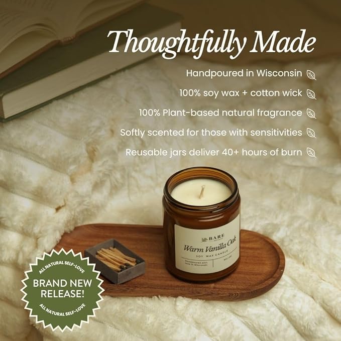 Bare Botanics Non-Toxic Yuzu Mandarin 9oz Soy Candle - 100% Plant-Based Fragrance Oils - Handpoured in WI - 40+ Hrs