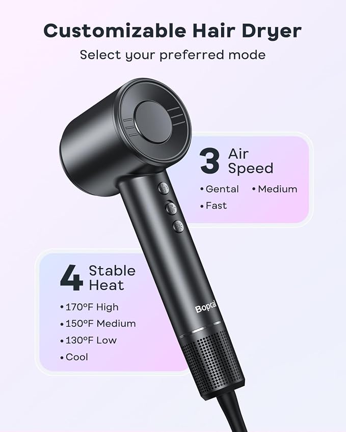 Bopcal Hair Dryer, Ionic Blow Dryer with Diffuser, 150,000 RPM Professional High-Speed Hair Dryer, 500M Negative Ions Fast Drying, Lightweight Low Noise for Curly & Straight Hair, Travel Friendly