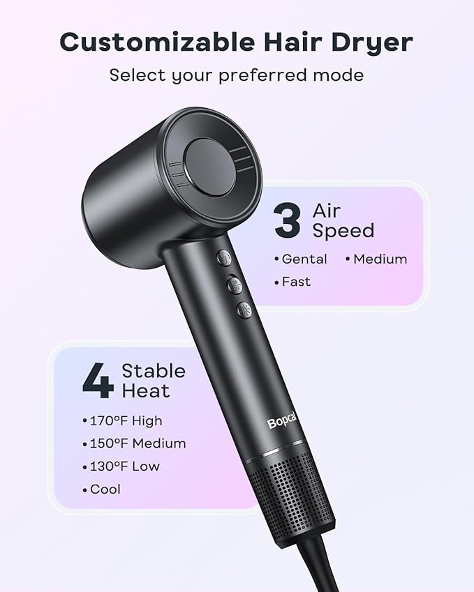 Bopcal Hair Dryer, Ionic Hair Dryer with Diffuser, 150,000 RPM Professional High-Speed Blow Dryer, 500M Negative Ions Fast Drying, Lightweight Low Noise for Curly & Straight Hair, Travel Friendly