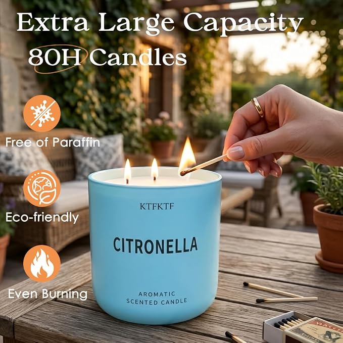 Citronella Candles Outdoor - 14.1oz Large 3 Wick Jar Candle with 80 Hour Burn, Natural Soy Wax, Non-Toxic Outdoor Candle for Patio, Camping, Backyard & Home