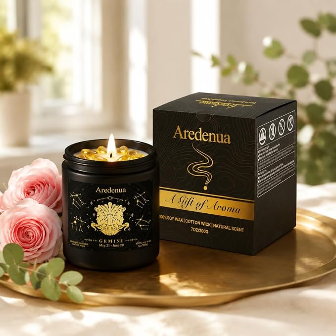 Gemini Birthday Gifts for Women | Zodiac Crystal Candle with Genuine Citrine Healing Crystals, Lemon Scented Soy Candle 7oz 50 Hour Burn for Anxiety Relief, Unique Astrology Gifts for Gemini