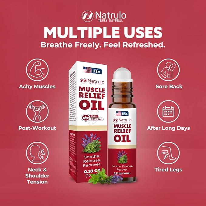 Muscle Relief Oil Roll-On – Cooling Essential Oil Roll On for Tired Joints, Muscles, Neck, Back, Shoulders & Feet – Peppermint, Lavender & Marjoram Massage Oil – Post Workout Muscle Rub – Made in USA