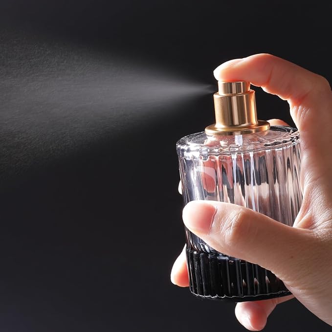 50ml/1.7 Oz Glass Spray Bottle Perfume Atomizer,Round Glass Perfume Travel Refillable Spray Bottle Empty with 3 Kinds of Dispenser (Black)