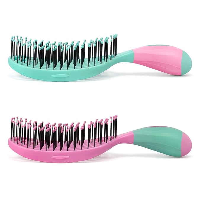 NuWay® TravelC® Detangling Hair Brush Set (2 Brushes) – Mix-n-Match Travel Case Colors, Patented Curved Vented Design with Protective Case for Wet or Dry Hair (Pink & Teal)
