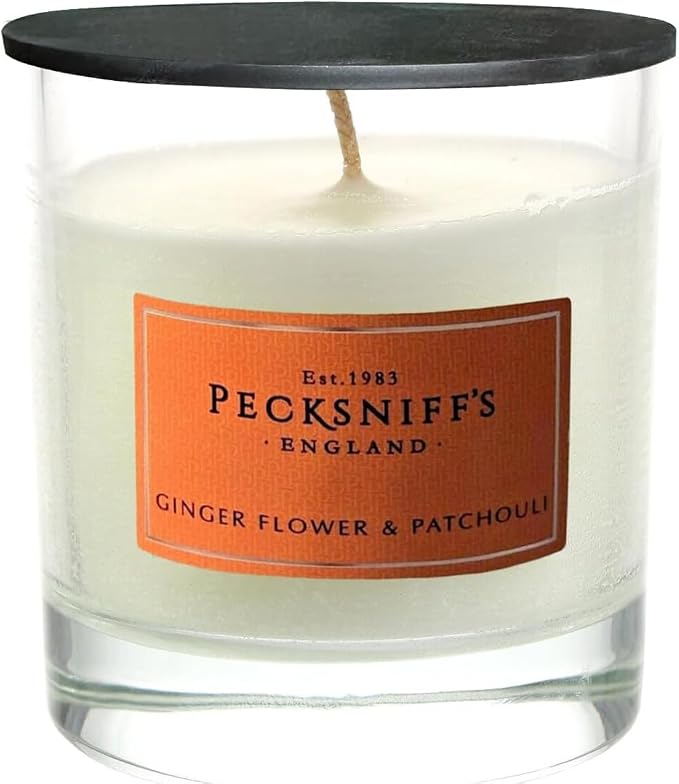 Pecksniff's Classic Gingerflower & Patchouli Scented Candle - Single Wick in Elegant Glass Vessel, 184g/6.49oz