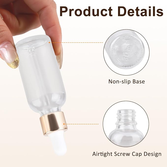 Glass Dropper Bottles, Clear, 1 oz Capacity, Leak-Proof, Cylindrical Shape with Glass Eye Dropper, 12 Pack for Essential Oils, Tinctures, Aromatherapy