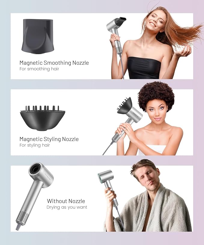Cosy Companions High-Speed Ionic Hair Dryer, 150000 RPM Brushless Motor for 2-5Min Fast Drying, Low Noise Blow Dryer Reduces Frizz & Heat Damage, Lightweight Hair Dryer with Diffuser & Nozzle, Silvery