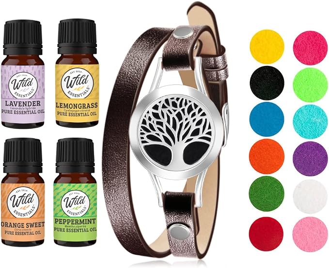 Wild Essentials Tree of Life Essential Oil Leather Wrap Bracelet Diffuser Kit, Gift Set, Lavender, Lemongrass, Peppermint, Orange Oils, 12 Pads, Customizable Color Changing Perfume Jewelry, Brown