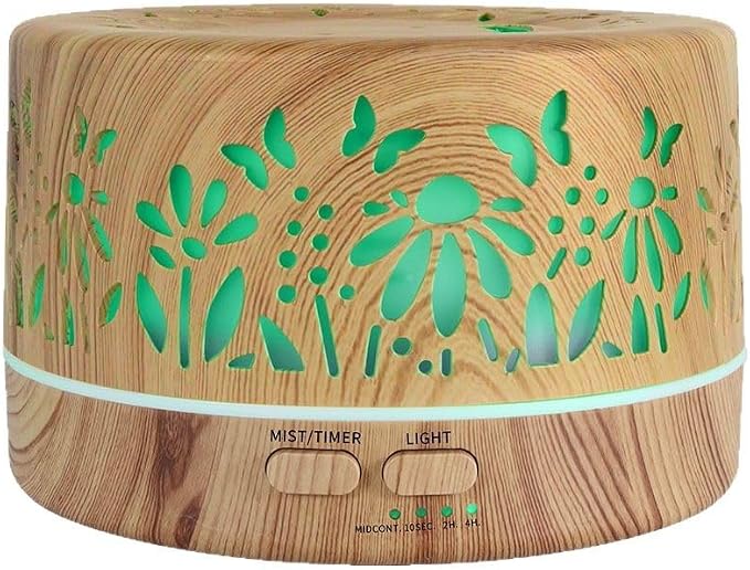 Wild Essentials 700ml Designer Large Room Essential Oil Diffuser, 5 in 1 Ultrasonic Aromatherapy Vaporizer Cool Mist Humidifier, Home, Office Bedroom, Timer, Auto-Off, 7 Color LED (Light Wood Flowers)