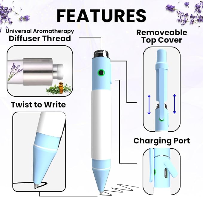 Aromatherapy Writing Pen Battery with Real Ink Tip and Hidden Diffuser Port, Soft Touch Ballpoint for Note Taking, Signature, and On-The-Go Relaxation, Rechargeable Wellness Gift for Office (Sky)