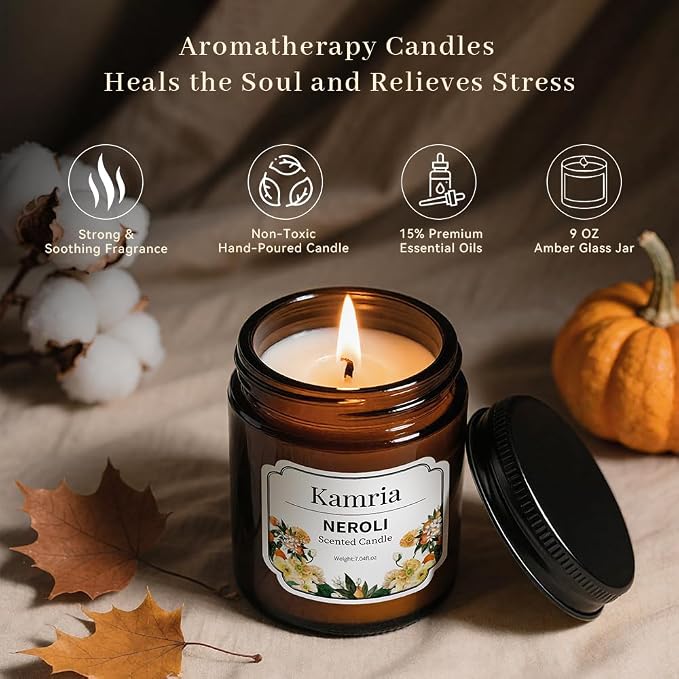 Neroli Scented Candle, Luxury Hotel & Spa Aromatherapy in Amber Glass Jar, Clean Citrus Floral Soy Wax for Home Decor, Stress Relief Gift for Men and Women, 7oz