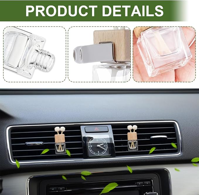2PCS Car Diffuser Air Freshener Bottle, Car Diffusers for Essential Oils, Clear Glass Auto Air Freshener Vent Clip, Auto Interior Accessories Refillable Perfume Empty Bottles for Most Vehicles