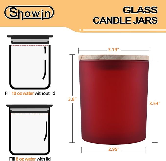 SHOWIN 10 OZ Thick Candle Jars for Making Candles 15 Pcs, Empty Jars with Wood Lids for Candle Making, Sample Container, Frosted Red