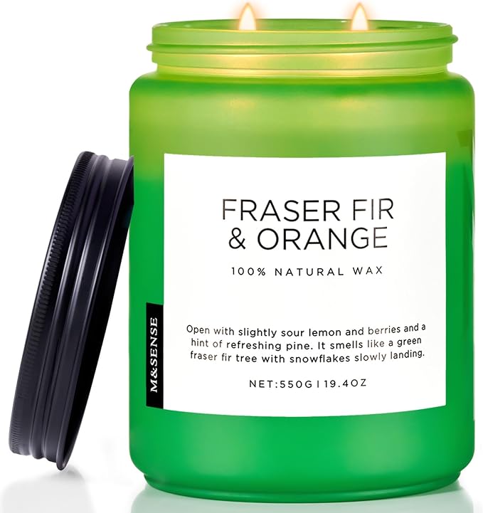 M&SENSE Fraser Fir Pine Scented Candles Large Green Candle for Home 19.4oz 110 Hour Clean Non Toxic Long Lasting Organic Natural Soy Wax Highly Scented Holiday Candle Gifts for Home Decor