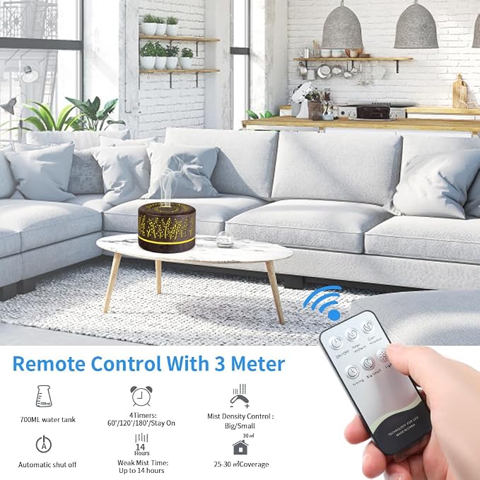 Essential Oil Aromatherapy Diffuser - 500ml Humidifier with Timer and Auto-Off Safety Switch - 7 Colors Lights - Ultrasonic Cool Mist Essential Oil Diffuser for Home Office Room (Grey)