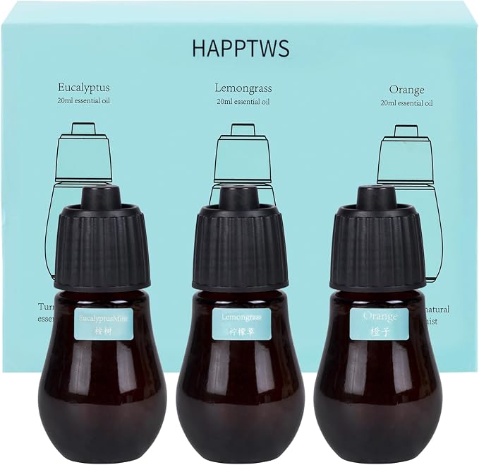 HAPPTWS Aromatherapy Essential Oil Set - 3-Piece Essential Oil Set in Three Flavors: Eucalyptus, Lemongrass, and Orange