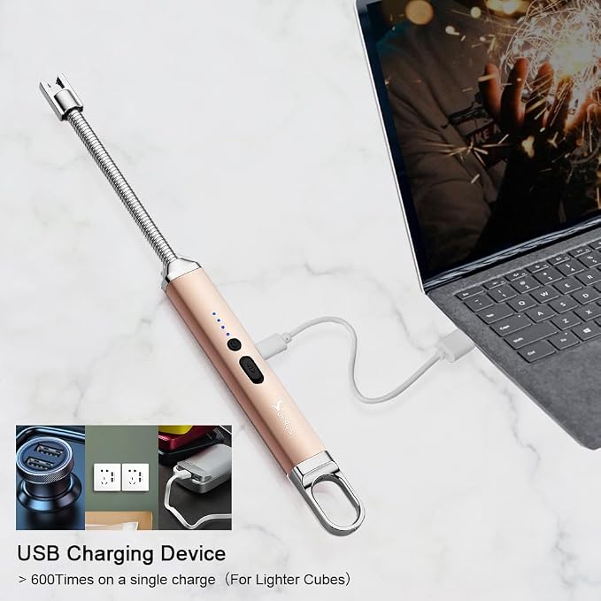 SUPRUS Rechargeable USB Arc Electric Lighetrs with Safety Switch 360° Flexible Neck Flameless Grill Long Lighters for Candle Camping Cooking (Champagne Gold, 2Packs)