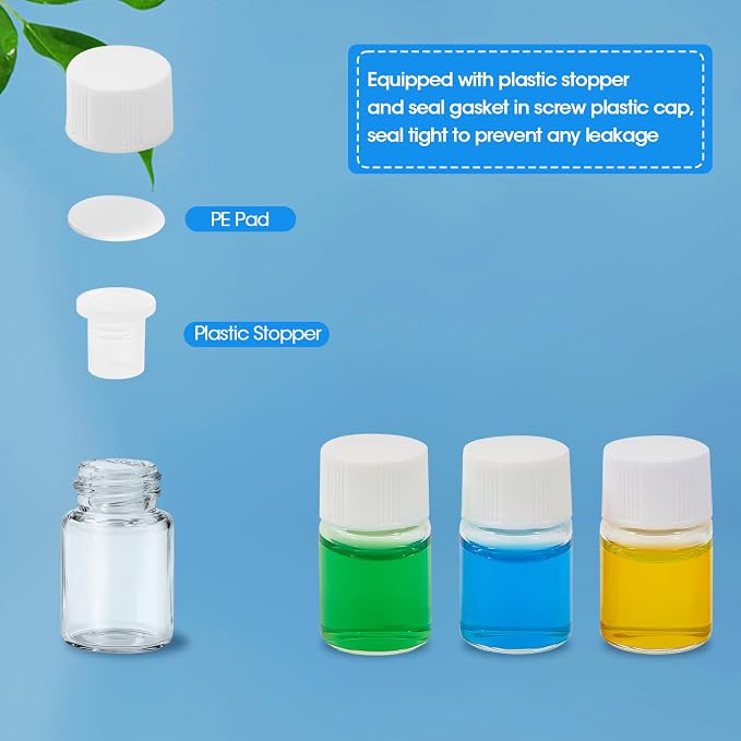 2ml Clear Glass Vials with Screw Caps and Plastic Stoppers, 1/2 Dram Small Liquid Sample Vial, Leak-Proof Vial, 12PCS(White Cap)