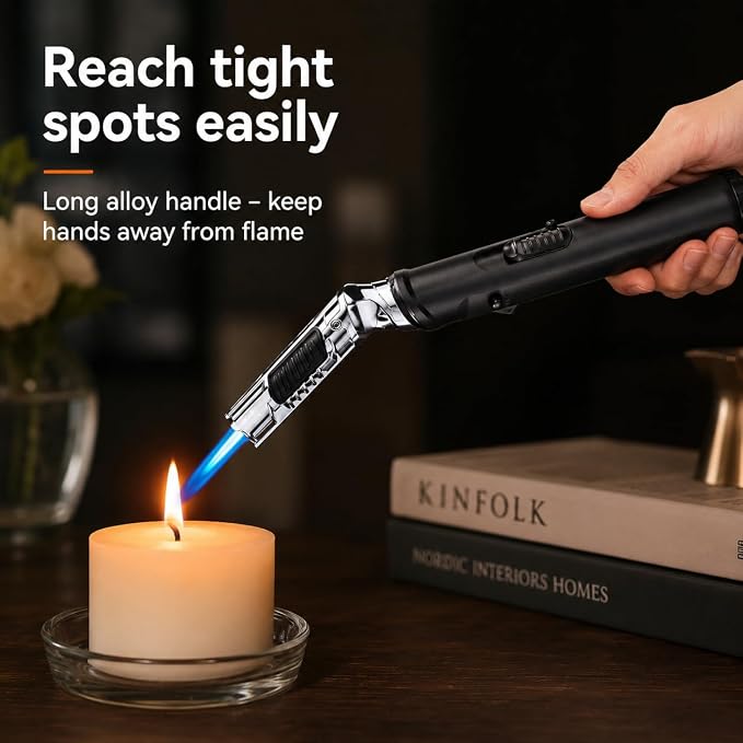 Flexible Neck Torch Lighter, Windproof Jet Flame, Refillable with Safety Lock & Adjustable Flame, 1300°C High Temp Extended Handle Lighter for Candle BBQ Kitchen Camping (Without Butane)-Black