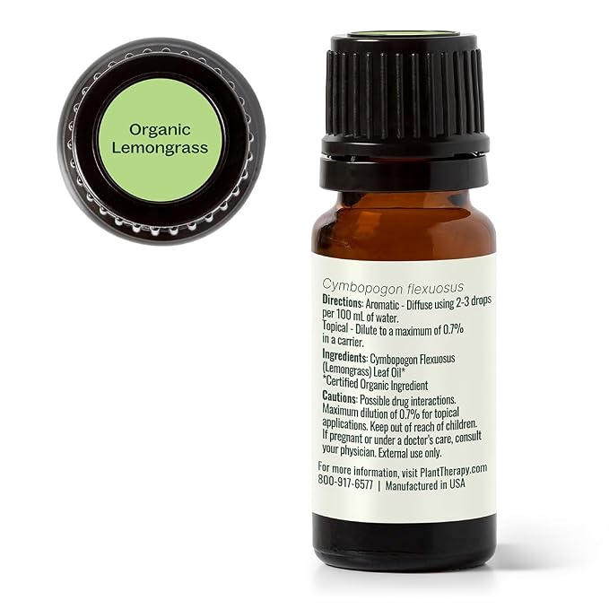 Plant Therapy Organic Lemongrass Essential Oil 10 mL (1/3 oz), 100% Pure, USDA Certified Organic, Undiluted, Aromatherapy, Deodorizing, and Immune Support