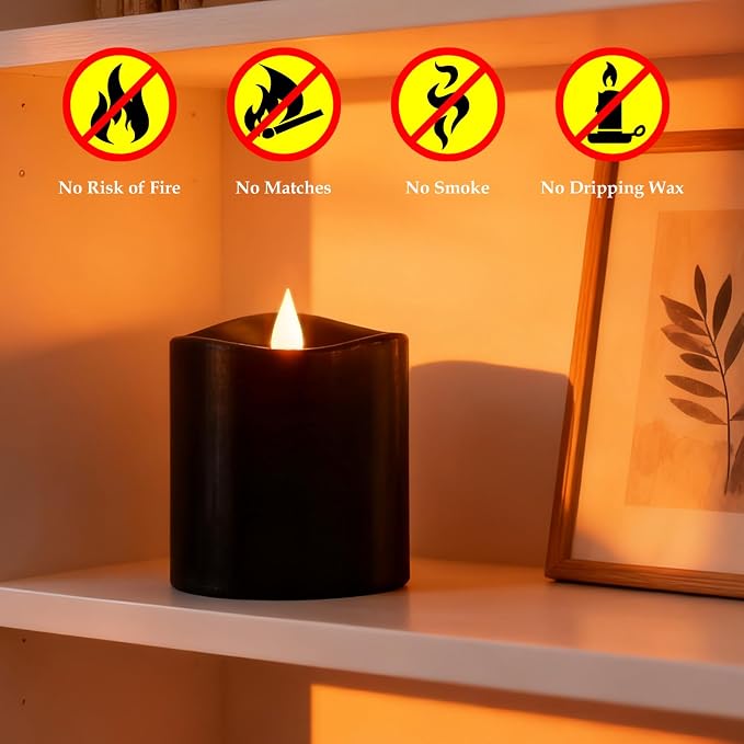 Black Flameless LED Candles - 3" x 3" Real Wax, Battery Operated with Remote Timer, 3D Flickering, Lasts 600+ Hours, Halloween & Christmas Deco (Black, 3"*3"-1pcs)