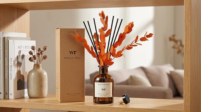 WEALD TRIBE Reed Diffuser Set for Bathroom Air Fresheners, Oil Diffuser Sticks | Sandalwood & Ebony Scent 4.0 fl oz Home Fragrance with Sticks Defusers | House Bedroom Office Shelf Decor