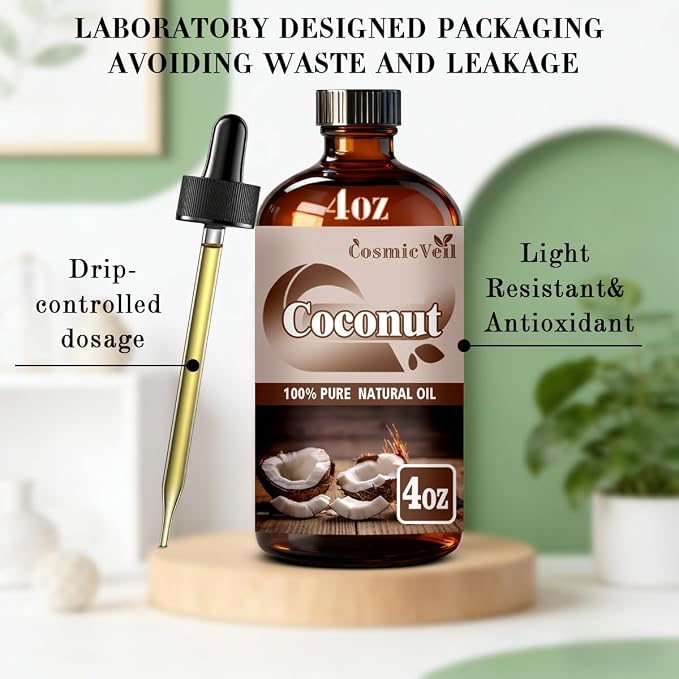 Coconut Essential Oil Coconut Oil for Aroma Diffuser,Humidifier,Home Fragrance,Cleaning,Body Care,Massage,Yoga,DIY Candle,DIY Soap CosmicVeil（Coconut，4 Fl Oz (Pack of 1)）