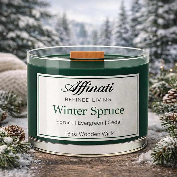 Affinati Winter Spruce Wooden Wick Candle – Luxury Wooden Bowl, 13 oz