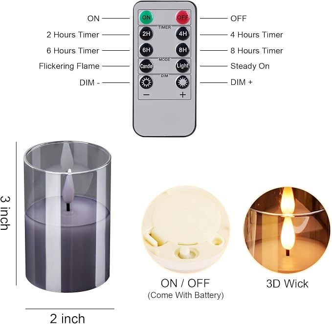 VIODAIM 6Pack Glass Flickering Flameless Candles with Remote, 2"X3" Real Wax Votive Candles Battery Operated, Small Electric LED Candles for Wedding Home Decor, w/4 Timers+2 Lighting Modes [Gray]