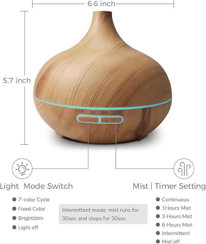 Large Capacity Essential Oil Diffuser,Ultrasonic Diffuser,550ml Humidifier for Home Decor,7 Color LED Light with Waterless Auto-Off (Light)