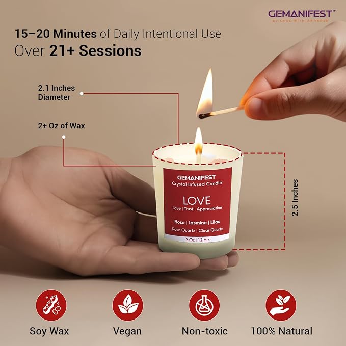 Love Manifestation Crystal Candle, Love Relationships Rose Jasmine Lilac Scented, Soy Candle, Valentine's Gift for Her/Him, Women's Wellness