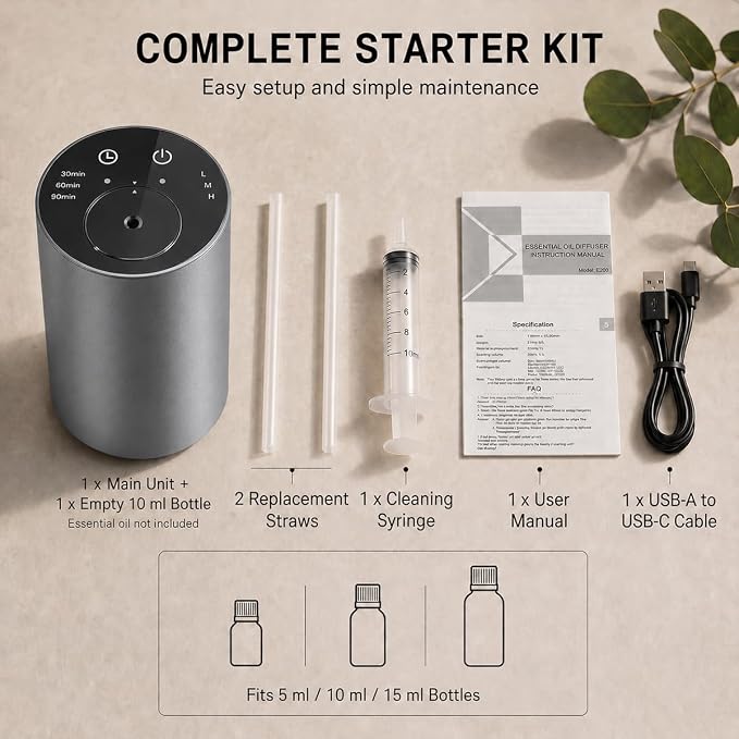 Oxdigi Waterless Essential Oil Diffuser, Portable Scent Air Machine with Timer & 3 Mist Modes for Home, Car, Office, Bedroom and Hotel, Grey