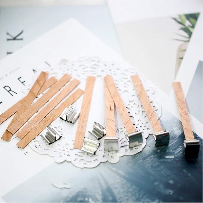 100 pcs Wooden Candle Wicks kit, Include 50 Pcs 5.1 X 0.5 Inch Candle Making Wicks and 50 Pcs Iron Stand Naturally Smokeless Wooden Candle Wicks Candle Cores for DIY Candle Making
