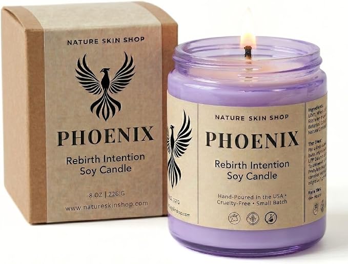 Nature Skin Shop Phoenix Rebirth Artisan Soy Candle Smoked Oud and Amber Aromatherapy Home Fragrance Vegan Cotton Wick 8.5 oz