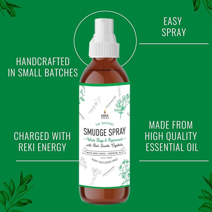 Soul Sticks Smudge Spray for Cleansing Negative Energy and Purifying Home | Made with White Sage and Quartz Crystals | 3.5 oz. Bottle (White Sage & Peppermint)